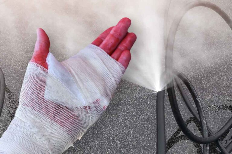 Hand i bandage. Vattenslang sprutar vatten.