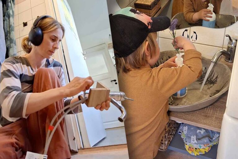 Kvinna installerar badrumskran. Barn tvättar händerna i tvättställ.