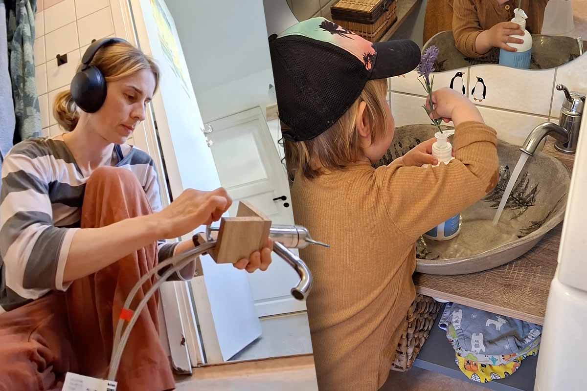 Kvinna installerar badrumskran. Barn tvättar händerna i tvättställ.