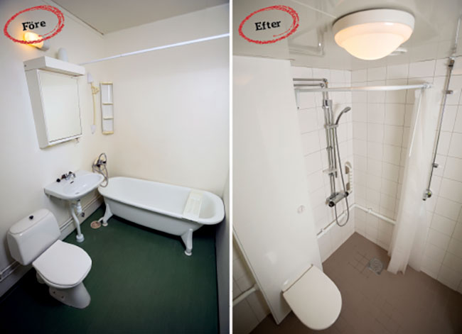 Det gamla badrummet från 1973 (t v) ersätts av ett helt nytt (t h). Avloppsröret på väggen kommer framöver att dras genom golvet i stället. Installationskassetten blir helkaklad. Foto: Jesper Mott