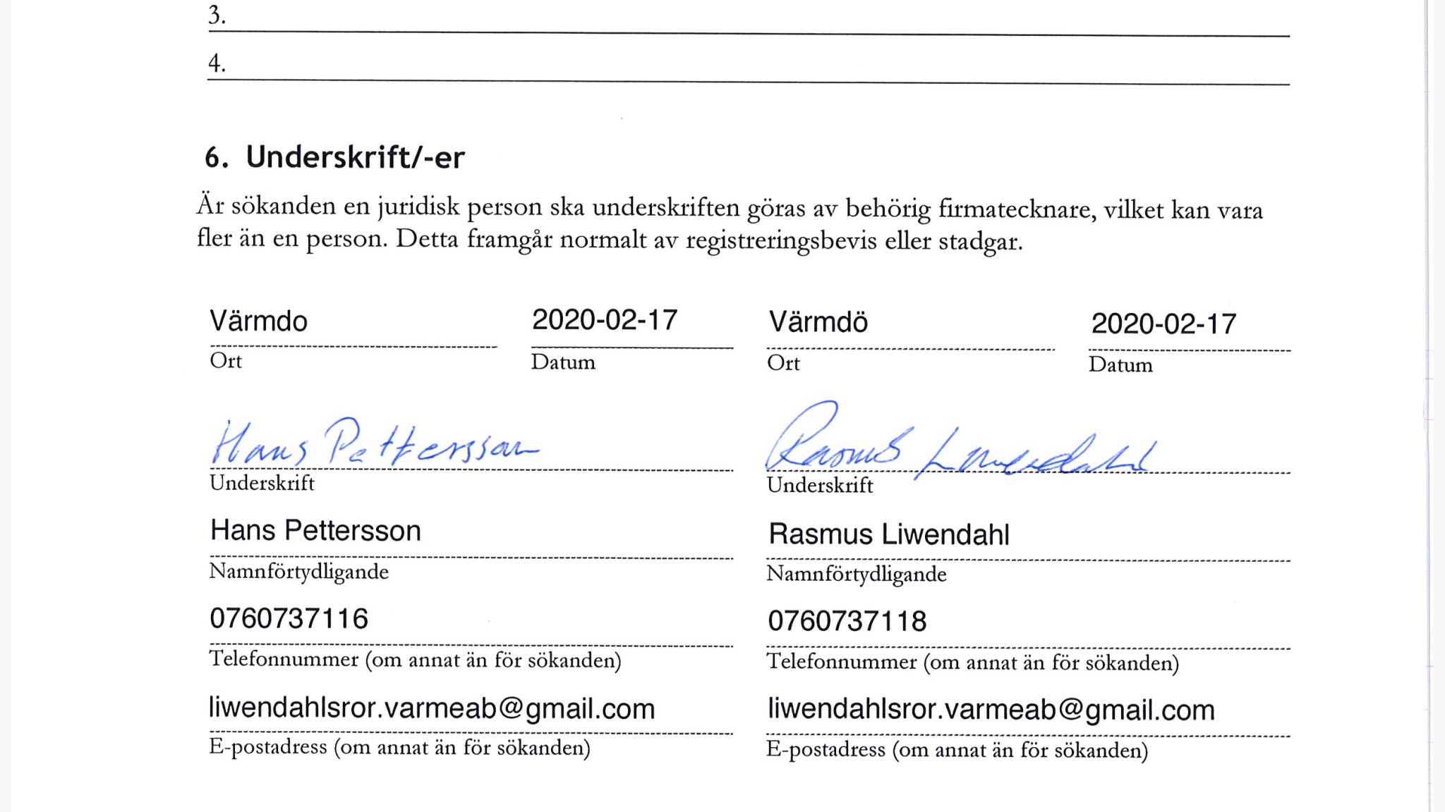 Konkursansökan med de förfalskade namnteckningarna.